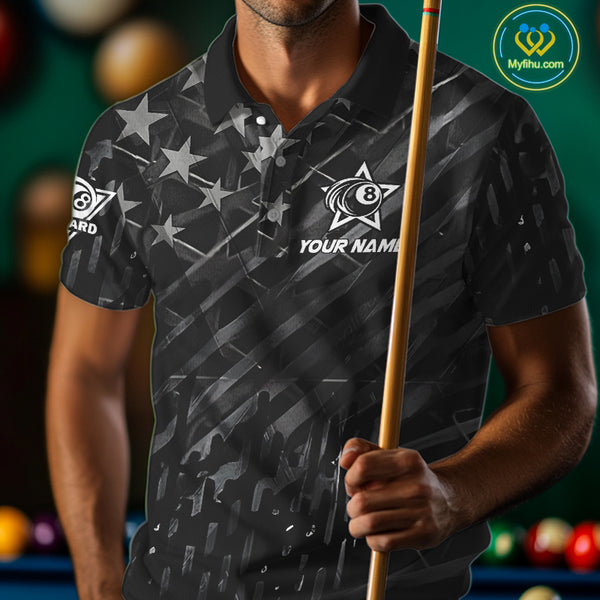 Black US Flag 8 Ball Billiard Shirts For Men Custom Patriotic Billiard Team Shirts, Pool Jerseys TDM4084