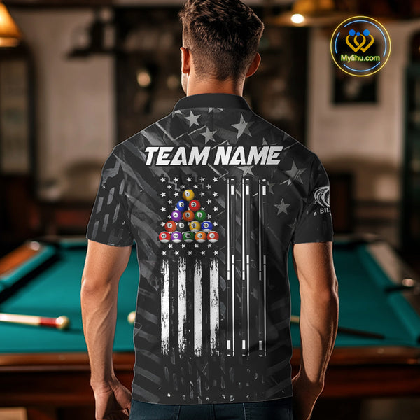 Black US Flag 8 Ball Billiard Shirts For Men Custom Patriotic Billiard Team Shirts, Pool Jerseys TDM4084