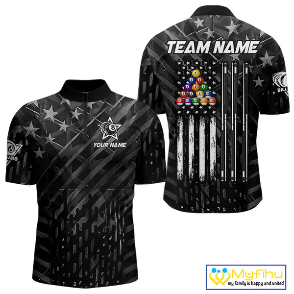 Black US Flag 8 Ball Billiard Shirts For Men Custom Patriotic Billiard Team Shirts, Pool Jerseys TDM4084
