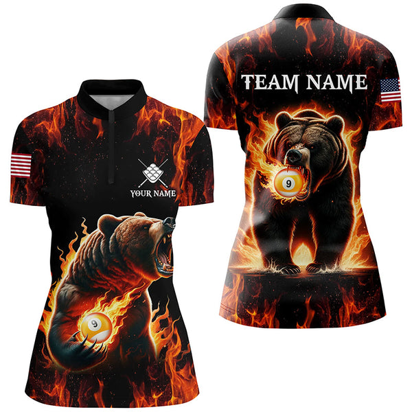 Custom Funny Bear & 9 Ball Pool Fire Flame Women Polo & Quarter-Zip Shirts, Unique Billiard Attire TDM1921