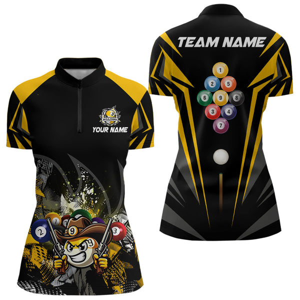 Funny 9 Ball Cowboy Billiard Shirts For Women Custom Yellow Black 9 Ball Pool Billiard Jerseys TDM3106