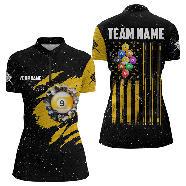 Yellow Black Grunge American Flag 9 Ball Pool Women Billiard Shirt Custom 9 Ball Billiard Jerseys TDM3502