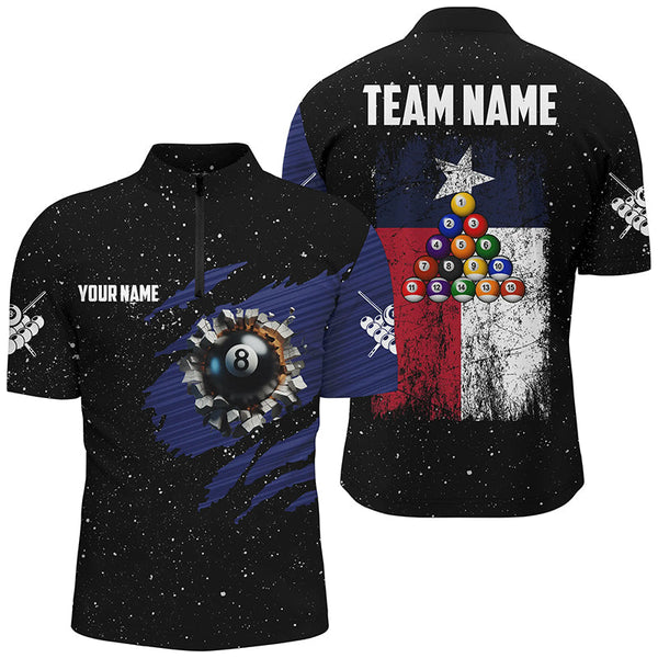 Customized Grunge Texas Flag 8 Ball Pool Men Billiard Jersey Shirts, Patriotic Pool Player Shirts TDM1714