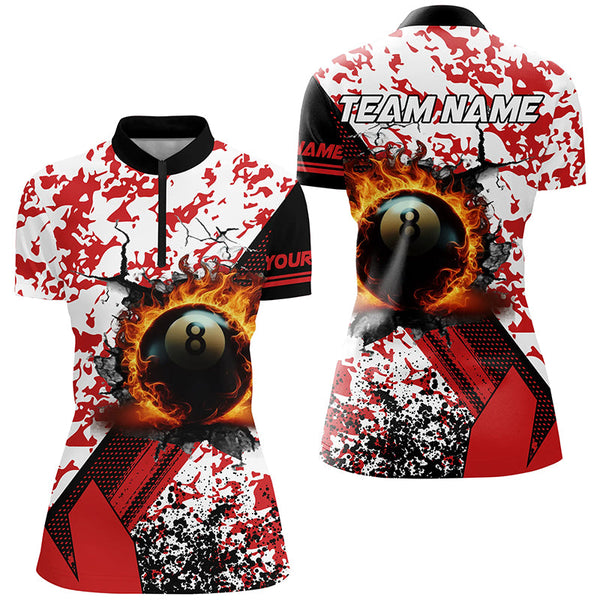 Custom 8 Ball Pool Fire Billiard Shirts For Women, Red Grunge Camo Billiard Shirts Jersey For Team TDM1717