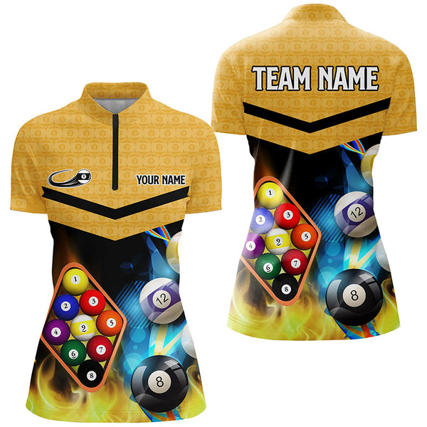 Customized Yellow Billiard 9 Ball 3D Polo & Quarter-Zip Shirts For Women, 9 Ball Pool Jerseys Attire TDM1718