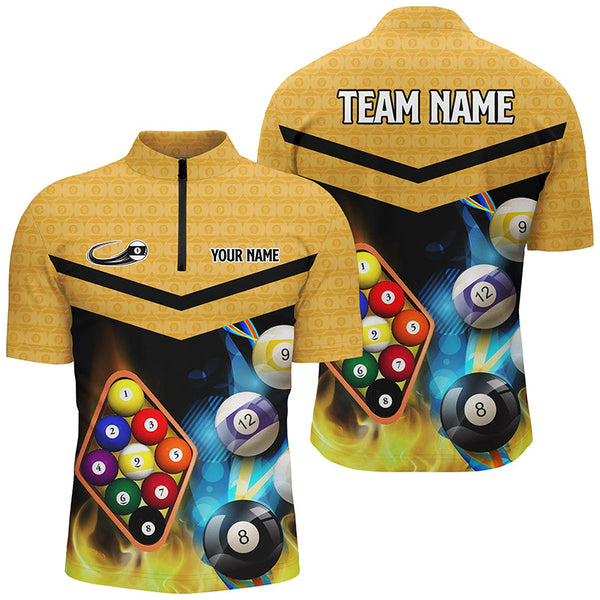 Customized Yellow Billiard 9 Ball 3D Polo & Quarter-Zip Shirts For Men, 9 Ball Pool Jerseys Attire TDM1718