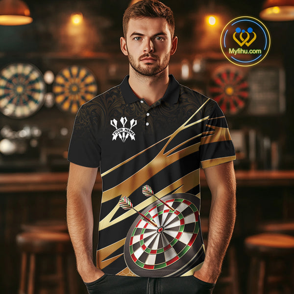 Black And Gold Dart Shirts For Men Custom 3D Dartboard Jersey, Darts Team Polo & Quarter Zip TDM4094