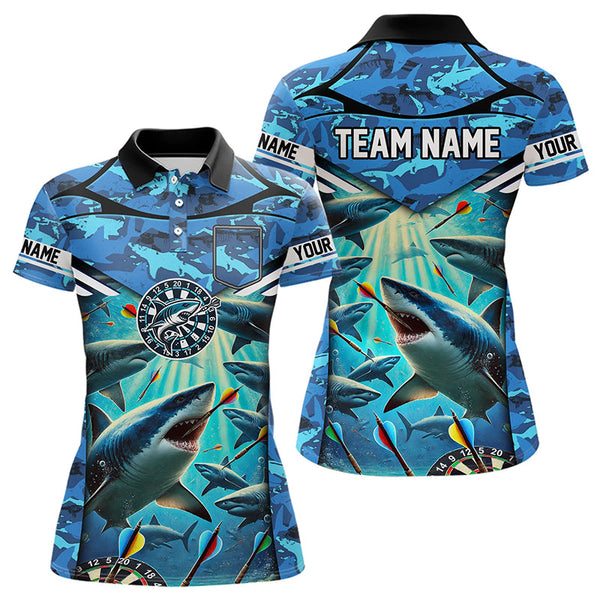 Blue 3D Shark Custom Ocean Camo Darts Shirts For Women Custom Polo & Quarter Zip Shark Dart Jerseys TDM3515