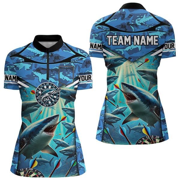 Blue 3D Shark Custom Ocean Camo Darts Shirts For Women Custom Polo & Quarter Zip Shark Dart Jerseys TDM3515