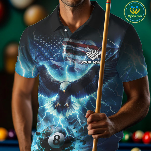 Blue American Flag Eagle Billiard Shirt For Men Custom 8 Ball Thunder Lightning Pool Team Jersey TDM4104