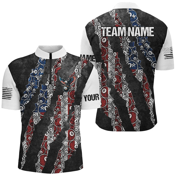 Grunge American Flag 8 Ball Pattern Custom Billiard Shirts For Men, Patriotic Billiard Jerseys TDM2399