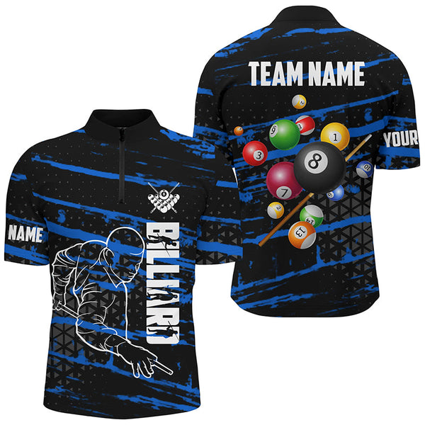 Personalized Blue Grunge Billiard 3D Polo & Quarter-Zip Shirts For Men, Billiard Jerseys Team Player TDM2405