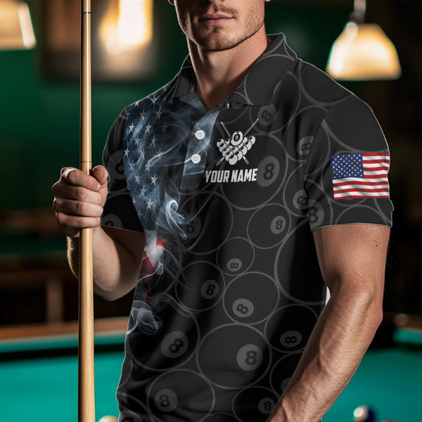 Personalized Smoke US Flag 8 Ball Pool Billiard Polo, 1/4 Zip For Men Team American Billiard Jersey TDM3662