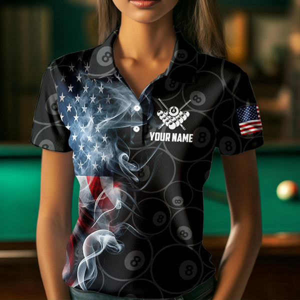 Personalized Smoke US Flag 8 Ball Pool Billiard Polo, 1/4 Zip For Women Team American Billiard Jersey TDM3662