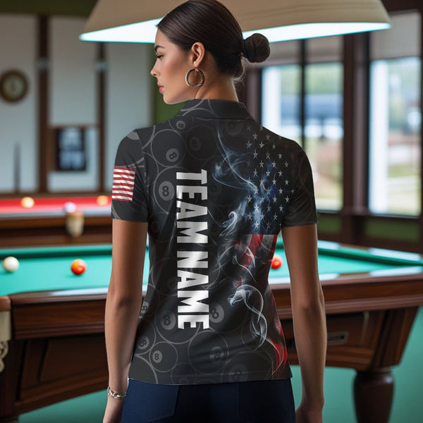 Personalized Smoke US Flag 8 Ball Pool Billiard Polo, 1/4 Zip For Women Team American Billiard Jersey TDM3662