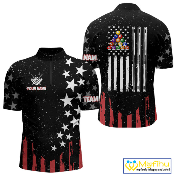 Black Grunge American Flag Billiard Shirt For Men Custom Patriotic Billiard Pool Jersey TDM3824