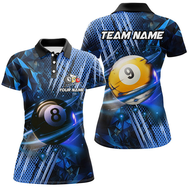Billiard 8 Ball & 9 Ball Glowing Blue Custom Women Polo & Quarter-Zip Shirt, Billiard Apparel Attire TDM1732
