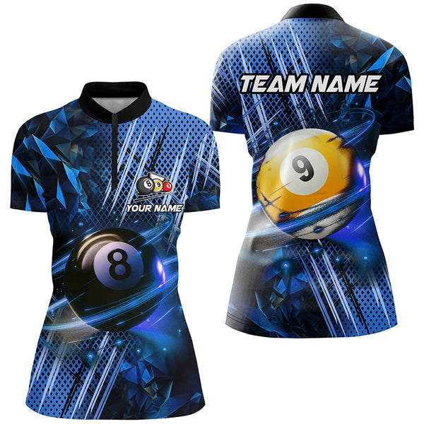 Billiard 8 Ball & 9 Ball Glowing Blue Custom Women Polo & Quarter-Zip Shirt, Billiard Apparel Attire TDM1732