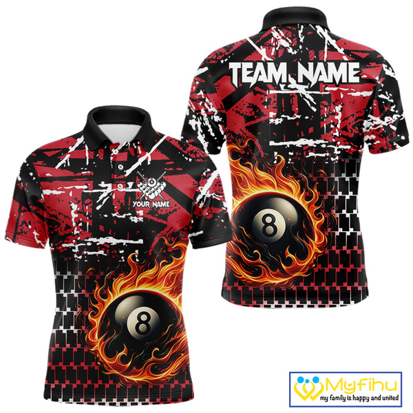 Grunge Black And Red Flaming 8 Ball Pool Men's Billiard Shirts Custom Billiard Jerseys Team Shirts TDM3833
