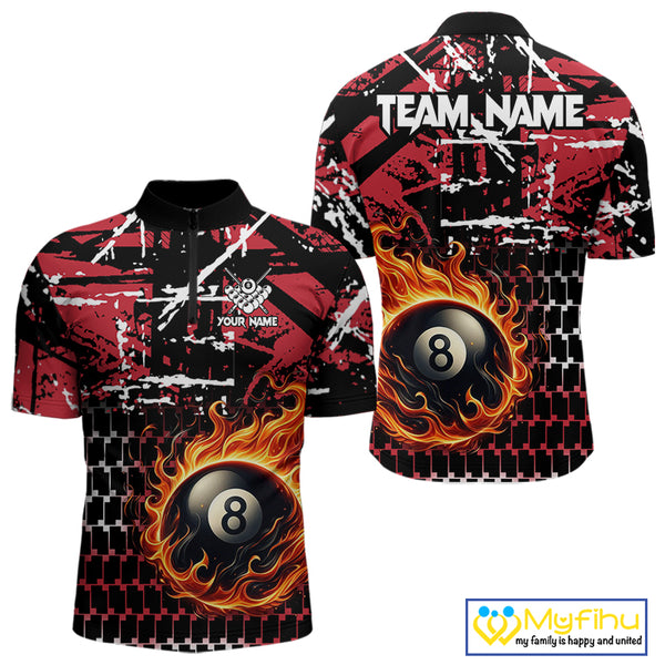 Grunge Black And Red Flaming 8 Ball Pool Men's Billiard Shirts Custom Billiard Jerseys Team Shirts TDM3833