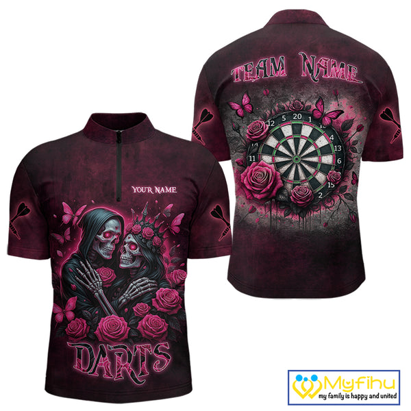 Personalized Skeleton And Roses Gothic Romance Dart Shirts For Men, Dart Jersey Outfit, Dart Gifts TDM3834