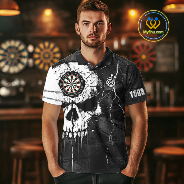 Custom Black And White Grunge Skull Dart Shirts For Men | Team Darts Jerseys - Polo & Quarter Zip TDM3955