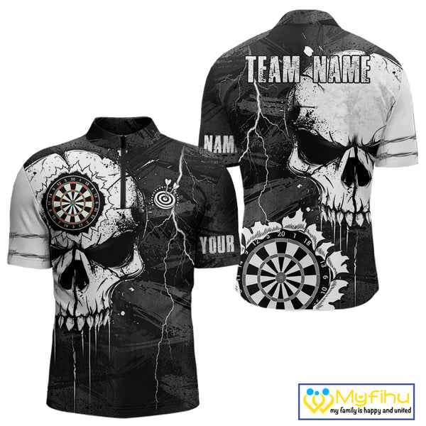 Custom Black And White Grunge Skull Dart Shirts For Men | Team Darts Jerseys - Polo & Quarter Zip TDM3955
