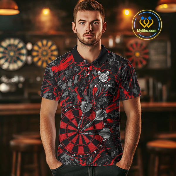 Custom Black And Red Grunge Camo Dart Shirts For Men, Camouflage Dart Team Jersey Polo & 1/4 Zip TDM3959