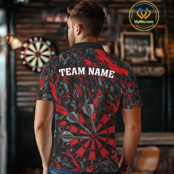 Custom Black And Red Grunge Camo Dart Shirts For Men, Camouflage Dart Team Jersey Polo & 1/4 Zip TDM3959