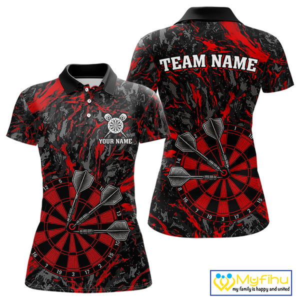 Custom Black And Red Grunge Camo Dart Shirts For Women, Camouflage Dart Team Jersey Polo & 1/4 Zip TDM3959