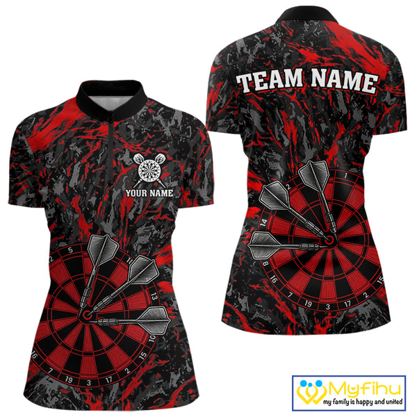 Custom Black And Red Grunge Camo Dart Shirts For Women, Camouflage Dart Team Jersey Polo & 1/4 Zip TDM3959