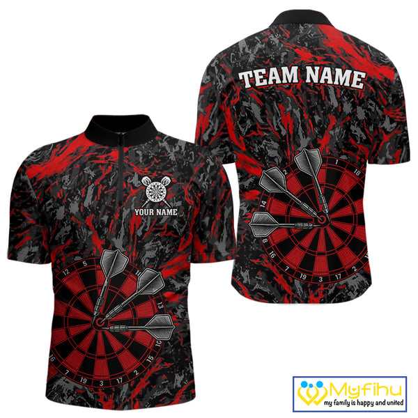 Custom Black And Red Grunge Camo Dart Shirts For Men, Camouflage Dart Team Jersey Polo & 1/4 Zip TDM3959