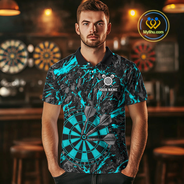 Custom Black And Blue Grunge Camo Dart Shirts For Men, Camouflage Dart Team Jersey Polo & 1/4 Zip TDM3960
