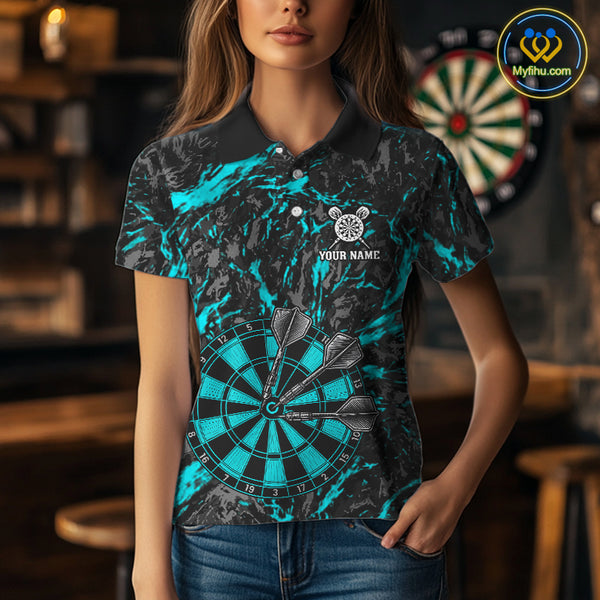 Custom Black And Blue Grunge Camo Dart Shirts For Women, Camouflage Dart Team Jersey Polo & 1/4 Zip TDM3960