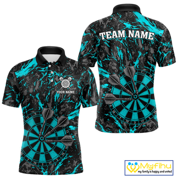 Custom Black And Blue Grunge Camo Dart Shirts For Men, Camouflage Dart Team Jersey Polo & 1/4 Zip TDM3960