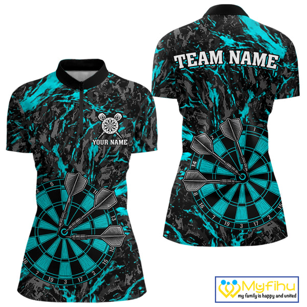 Custom Black And Blue Grunge Camo Dart Shirts For Women, Camouflage Dart Team Jersey Polo & 1/4 Zip TDM3960