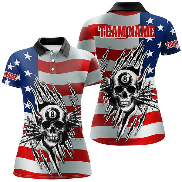 Personalized Billiard Skull American Flag Women Polo & Quarter-Zip Shirts, Patriotic Billiard Jerseys TDM1751