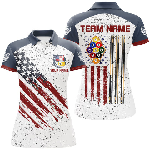 White Grunge American Flag 9 Ball Billiard Shirts For Women Custom Patriotic 9 Ball Pool Jerseys TDM2677