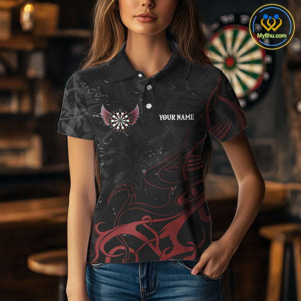 Black And Red Custom Wings Darts Shirts For Women, Darts Jersey Pocket Option TDM3839