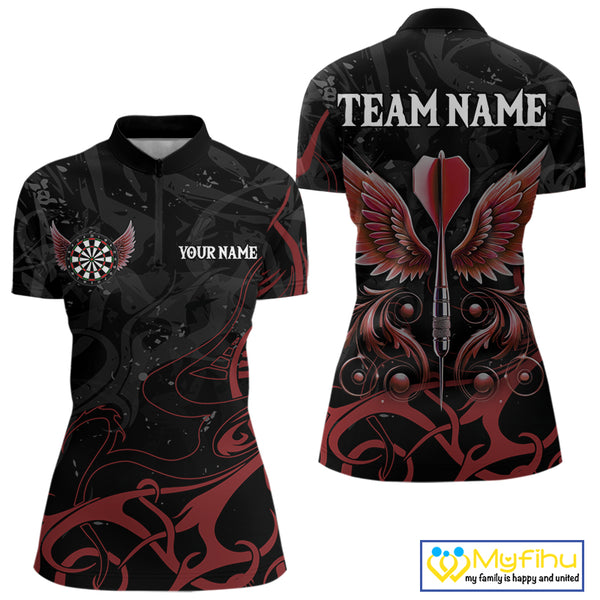 Black And Red Custom Wings Darts Shirts For Women, Darts Jersey Pocket Option TDM3839