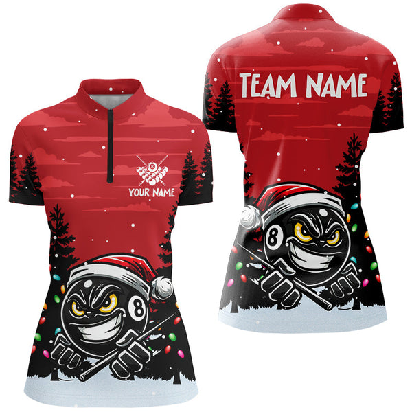 Personalized Red Christmas Santa 8 Ball Pool Billiard Shirts For Women, Funny Xmas Billiard Jerseys TDM2932