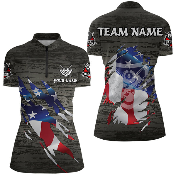 Personalized Grey Grunge American Flag Billiard Shirts For Women Custom Patriotic Billiard Jerseys TDM3379