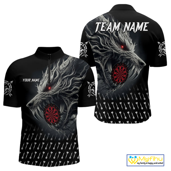 Personalized Viking 3D Wolf Dart Shirts For Men Custom Black Dart Team Jerseys Polo & Quarter Zip TDM3848