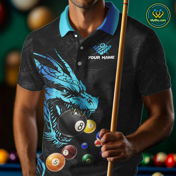 Personalized Black And Blue Dragon Billiard Balls Pool Shirts For Men, Billiard League Team Jersey TDM3852