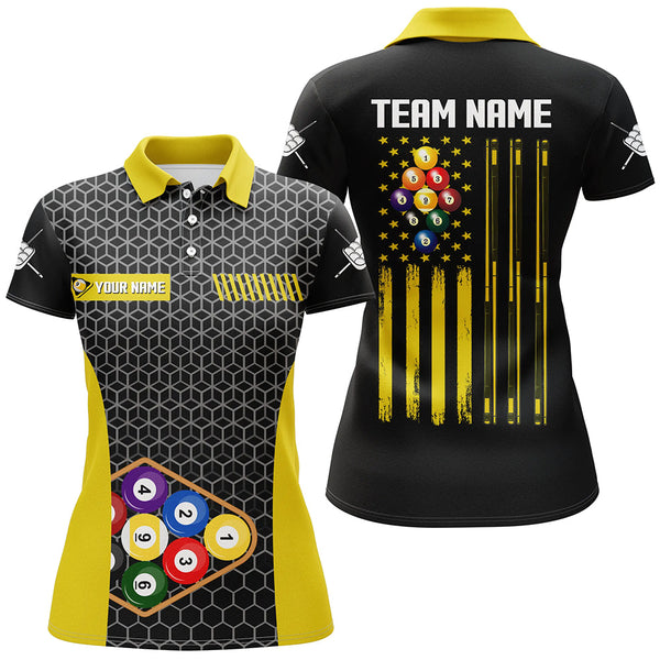 Personalized Retro US Flag 9 Ball Pool Billiard Shirts For Women Custom Yellow Black Billiard Jerseys TDM2173