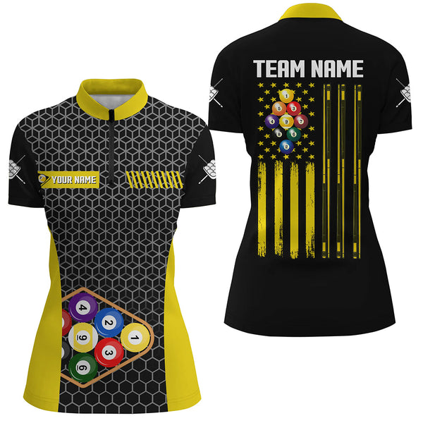 Personalized Retro US Flag 9 Ball Pool Billiard Shirts For Women Custom Yellow Black Billiard Jerseys TDM2173