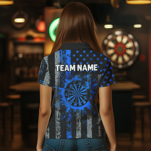 Custom Blue Grunge US Flag Patriotic Darts Shirt For Women, Retro Darts Board Darts Team Jerseys TDM2184