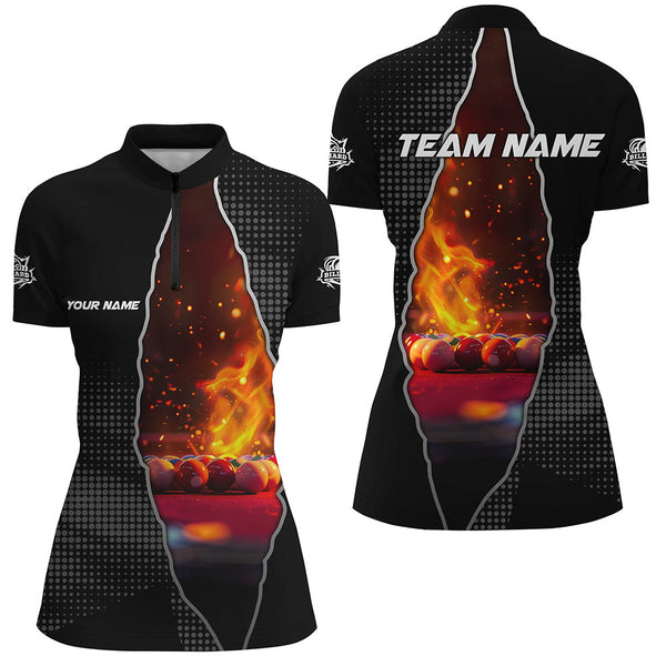 Custom Black Billiard Balls Fire 3D Printed Women Polo & Quarter-Zip Shirt, Billiard Apparel Clothing TDM1775