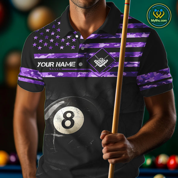 Customized Retro 8 Ball Pool Purple Camo US Flag Billiard Shirt For Men, Patriotic Billiard Jersey TDM4331