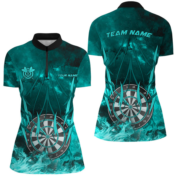 Personalized Turquoise 3D Darts Board On Fire Women Darts Shirts Custom Flame Darts Shirts For Player TDM1789